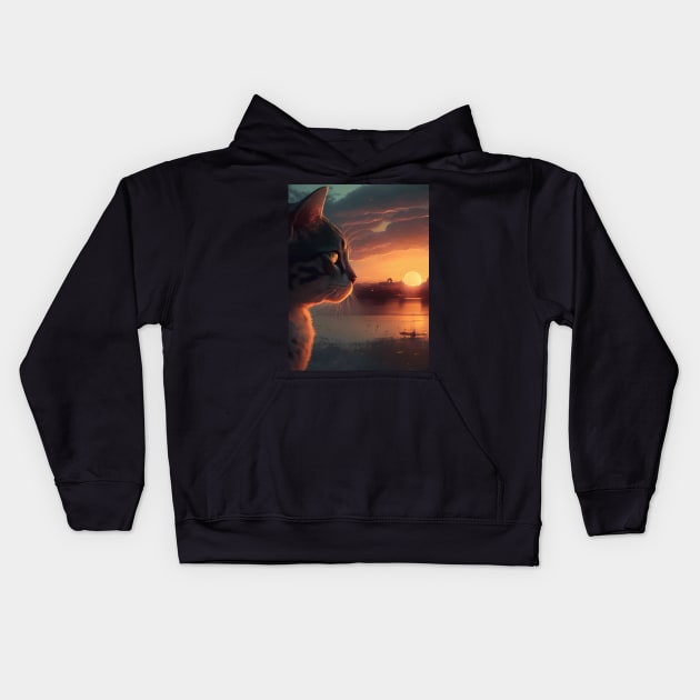 Design of a grey cat watching a sunset in Mexico Kids Hoodie by DreamMeArt